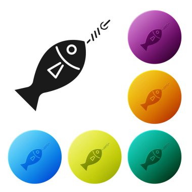 Siyah Balık kanca simgesi beyaz arka plan üzerinde izole. Simgeleri renkli daire düğmeleri ayarlayın. Vektör İllüstrasyonu