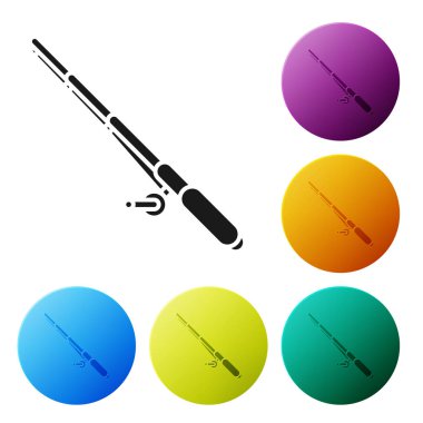 Siyah Olta simgesi beyaz arka plan üzerinde izole. Balıkçılık ekipmanları ve balık yetiştiriciliği konuları. Simgeleri renkli daire düğmeleri ayarlayın. Vektör İllüstrasyonu