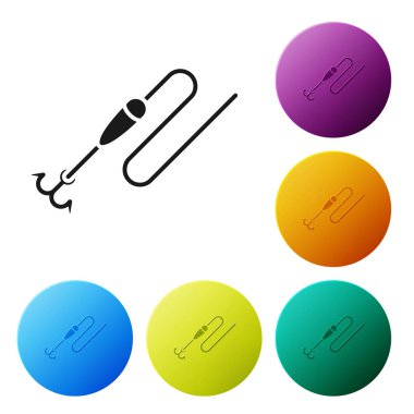 Siyah Olta hattı kanca ve float simgesi beyaz arka plan üzerinde izole ile. Olta takımı. Simgeleri renkli daire düğmeleri ayarlayın. Vektör İllüstrasyonu