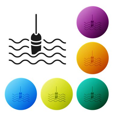 Siyah Balıkçılık beyaz arka plan üzerinde izole su simgesi yüzer. Olta takımı. Simgeleri renkli daire düğmeleri ayarlayın. Vektör İllüstrasyonu