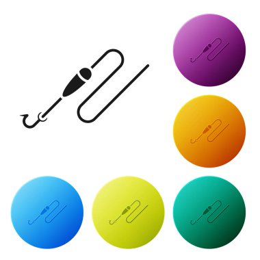 Siyah Olta hattı kanca ve float simgesi beyaz arka plan üzerinde izole ile. Olta takımı. Simgeleri renkli daire düğmeleri ayarlayın. Vektör İllüstrasyonu