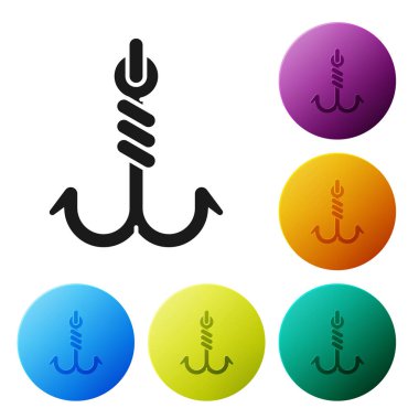 Siyah Olta kancası simgesi beyaz arka planda izole edilmiştir. Olta takımı. Simgeleri renkli daire düğmeleri ayarlayın. Vektör İllüstrasyonu