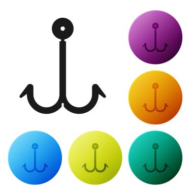 Siyah Olta kancası simgesi beyaz arka planda izole edilmiştir. Olta takımı. Simgeleri renkli daire düğmeleri ayarlayın. Vektör İllüstrasyonu