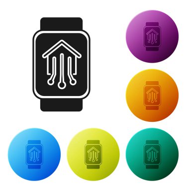 Beyaz arka planda izole edilmiş akıllı saat simgesine sahip Black Smart home. Uzaktan kumanda. Simgeleri renkli daire düğmeleri ayarlayın. Vektör İllüstrasyonu