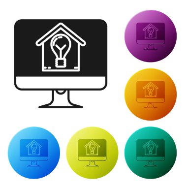 Akıllı ev ve ampul simgesi beyaz arka plan üzerinde izole ile Siyah Bilgisayar monitör. Simgeleri renkli daire düğmeleri ayarlayın. Vektör İllüstrasyonu