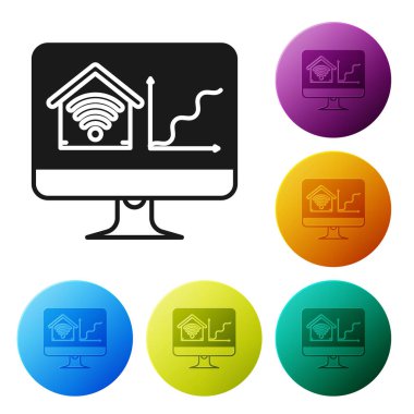 Beyaz arka plan üzerinde izole wi-fi simgesi ile akıllı ev ile Siyah Bilgisayar monitörü. Uzaktan kumanda. Simgeleri renkli daire düğmeleri ayarlayın. Vektör İllüstrasyonu