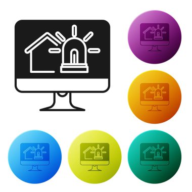 Akıllı ev ve beyaz arka planda izole alarm simgesi ile Siyah Bilgisayar monitörü. Akıllı evin güvenlik sistemi. Simgeleri renkli daire düğmeleri ayarlayın. Vektör İllüstrasyonu