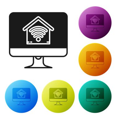 Beyaz arka plan üzerinde izole wi-fi simgesi ile akıllı ev ile Siyah Bilgisayar monitörü. Uzaktan kumanda. Simgeleri renkli daire düğmeleri ayarlayın. Vektör İllüstrasyonu