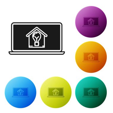 Akıllı ev ve ampul simgesi beyaz arka plan üzerinde izole ile Siyah Laptop. Simgeleri renkli daire düğmeleri ayarlayın. Vektör İllüstrasyonu