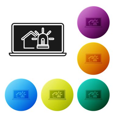 Akıllı ev ve beyaz arka plan üzerinde izole alarm simgesi ile Siyah Laptop. Akıllı evin güvenlik sistemi. Simgeleri renkli daire düğmeleri ayarlayın. Vektör İllüstrasyonu