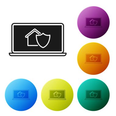 Beyaz arka plan üzerinde izole koruma simgesi altında ev ile Siyah Laptop. Koruma, güvenlik, güvenlik, koruma, savunma konsepti. Simgeleri renkli daire düğmeleri ayarlayın. Vektör İllüstrasyonu