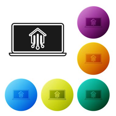 Beyaz arka planda izole edilmiş akıllı ev simgesine sahip Siyah Dizüstü Bilgisayar. Uzaktan kumanda. Simgeleri renkli daire düğmeleri ayarlayın. Vektör İllüstrasyonu