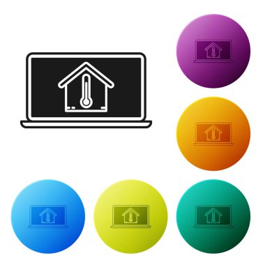 Beyaz arka planda izole edilmiş ev sıcaklığı simgesine sahip Siyah Laptop. Termometre simgesi. Simgeleri renkli daire düğmeleri ayarlayın. Vektör İllüstrasyonu