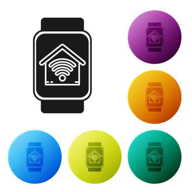 Beyaz arka planda izole wi-fi simgesi ile akıllı ev ile Siyah Akıllı saat. Uzaktan kumanda. Simgeleri renkli daire düğmeleri ayarlayın. Vektör İllüstrasyonu