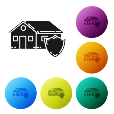Siyah Ev koruma simgesi altında beyaz arka plan üzerinde izole. Koruma, güvenlik, güvenlik, koruma, savunma konsepti. Simgeleri renkli daire düğmeleri ayarlayın. Vektör İllüstrasyonu