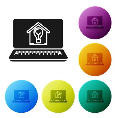 Akıllı ev ve ampul simgesi beyaz arka plan üzerinde izole ile Siyah Laptop. Simgeleri renkli daire düğmeleri ayarlayın. Vektör İllüstrasyonu