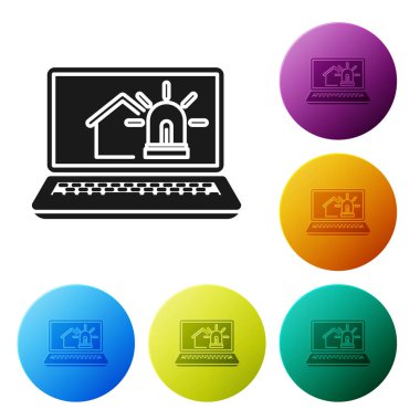 Akıllı ev ve beyaz arka plan üzerinde izole alarm simgesi ile Siyah Laptop. Akıllı evin güvenlik sistemi. Simgeleri renkli daire düğmeleri ayarlayın. Vektör İllüstrasyonu