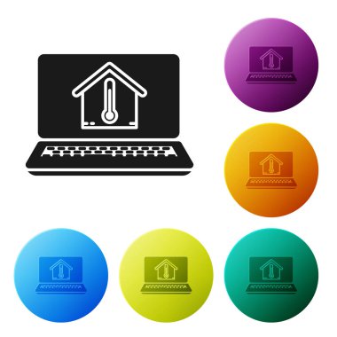 Beyaz arka planda izole edilmiş ev sıcaklığı simgesine sahip Siyah Laptop. Termometre simgesi. Simgeleri renkli daire düğmeleri ayarlayın. Vektör İllüstrasyonu