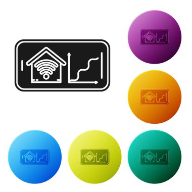 Beyaz arka plan üzerinde izole wi-fi simgesi ile akıllı ev ile Siyah Cep telefonu. Uzaktan kumanda. Simgeleri renkli daire düğmeleri ayarlayın. Vektör İllüstrasyonu