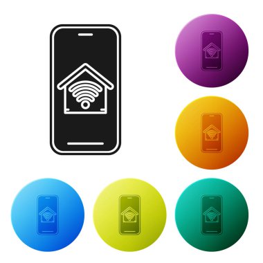 Beyaz arka plan üzerinde izole wi-fi simgesi ile akıllı ev ile Siyah Cep telefonu. Uzaktan kumanda. Simgeleri renkli daire düğmeleri ayarlayın. Vektör İllüstrasyonu