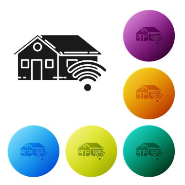 Beyaz arka planda izole wi-fi simgesi ile Siyah Akıllı ev. Uzaktan kumanda. Simgeleri renkli daire düğmeleri ayarlayın. Vektör İllüstrasyonu
