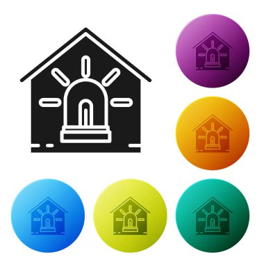 Siyah Akıllı ev ve alarm simgesi beyaz arka plan üzerinde izole. Akıllı evin güvenlik sistemi. Simgeleri renkli daire düğmeleri ayarlayın. Vektör İllüstrasyonu