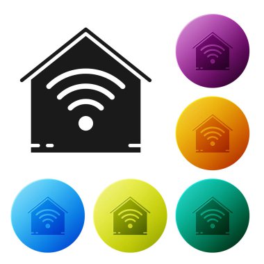 Beyaz arka planda izole wi-fi simgesi ile Siyah Akıllı ev. Uzaktan kumanda. Simgeleri renkli daire düğmeleri ayarlayın. Vektör İllüstrasyonu