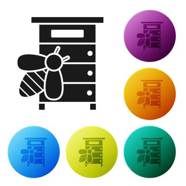 Beyaz arka planda izole arılar simgesi için Siyah Kovan. Arı kovanı sembolü. Apiary ve arıcılık. Tatlı doğal yemekler. Simgeleri renkli daire düğmeleri ayarlayın. Vektör İllüstrasyonu