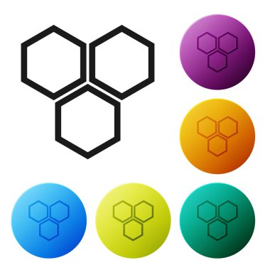 Siyah Petek simgesi beyaz arka plan üzerinde izole. Bal hücreleri sembolü. Tatlı doğal yemekler. Simgeleri renkli daire düğmeleri ayarlayın. Vektör İllüstrasyonu