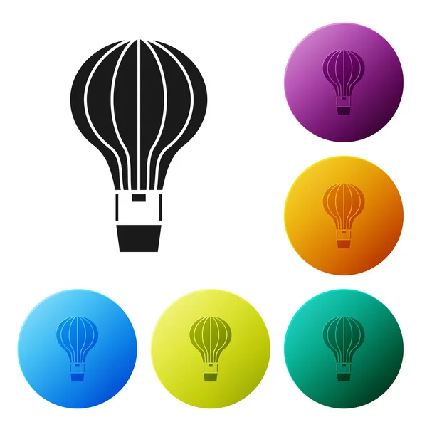 Schwarzes Heißluftballon-Symbol isoliert auf weißem Hintergrund. Luftverkehr für Reisen. setzen Symbole bunte Kreis-Tasten. Vektorillustration — Stockvektor