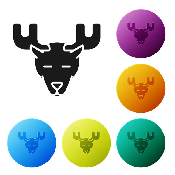 黑色驼鹿头与角图标隔离在白色背景。设置图标彩色圆圈按钮。矢量插图 — 图库矢量图片