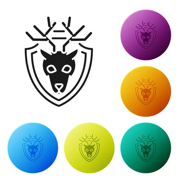 Beyaz arka plan üzerinde izole kalkan simgesi boynuzları ile Siyah Geyik baş. Duvarda av ganimeti. Simgeleri renkli daire düğmeleri ayarlayın. Vektör İllüstrasyonu