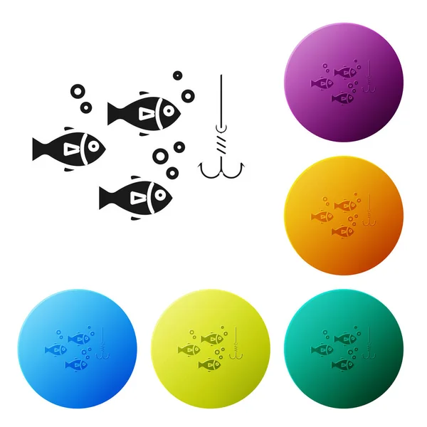 Gancho de pesca preto sob a água com ícone de peixe isolado no fundo branco. Equipamento de pesca. Definir ícones coloridos botões círculo. Ilustração vetorial — Vetor de Stock