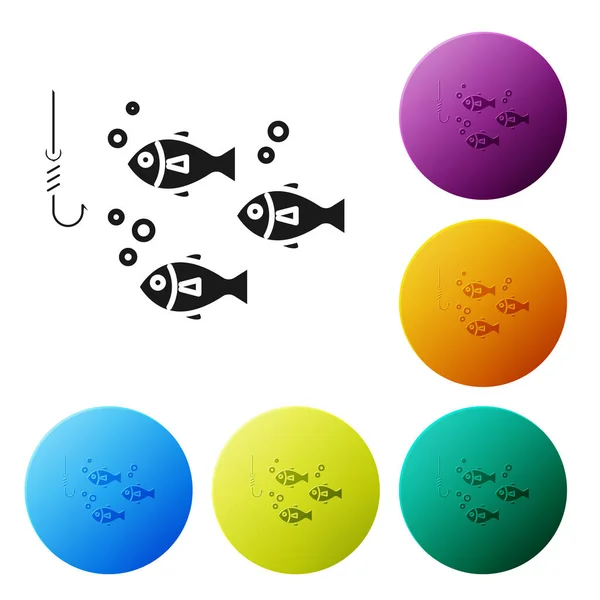 Черная рыбалка под водой с иконой рыбы, выделенной на белом фоне. Рыболовные снасти. Настроить иконки красочные кнопки круга. Векторная миграция — стоковый вектор
