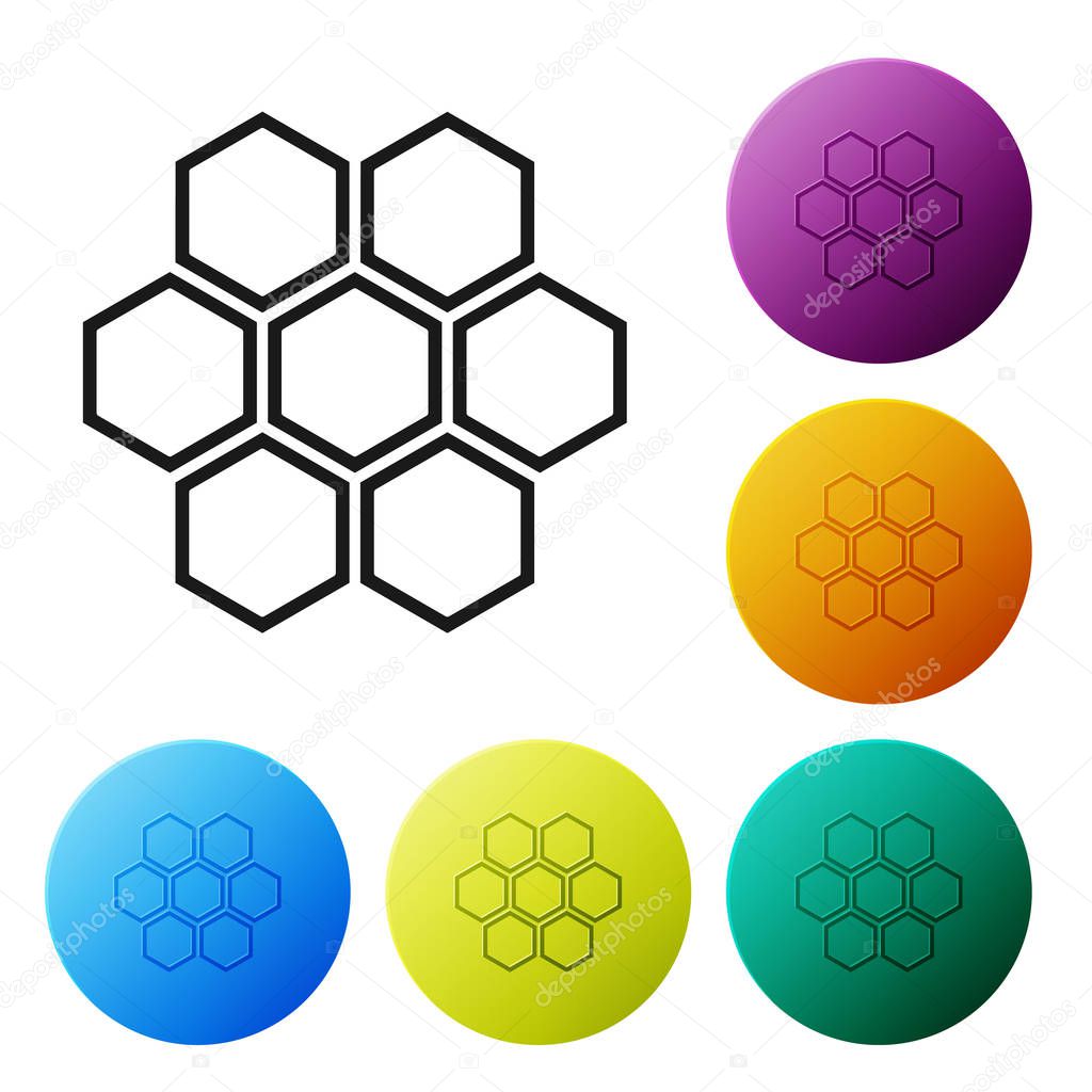Black Honeycomb icon isolated on white background. Honey cells symbol. Sweet natural food. Set icons colorful circle buttons. Vector Illustration