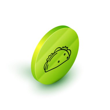 Beyaz arka plan üzerinde izole tortilla simgesi ile İzometrik çizgi Taco. Geleneksel Meksika fast food menüsü. Yeşil daire düğmesi. Vektör İllüstrasyonu