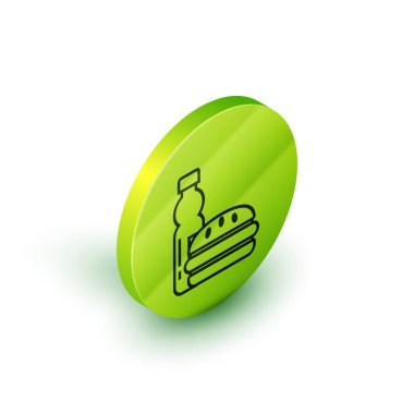 İzometrik çizgi Beyaz arka plan üzerinde izole su ve burger simgesi şişe. Soda su içecek işareti. Hamburger, çizburgerli sandviç. Fast food menüsü. Yeşil daire düğmesi. Vektör İllüstrasyonu