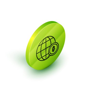 Beyaz arka planda izole dolar sembolü simgesi ile izometrik çizgi Dünya küre. Dünya veya Dünya işareti. Küresel internet sembolü. Geometrik şekiller. Yeşil daire düğmesi. Vektör İllüstrasyonu