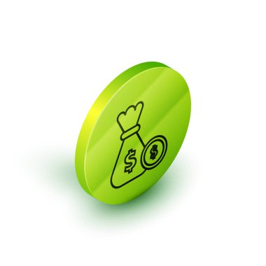 İzometrik hat Para çantası ve sikke simgesi beyaz arka plan üzerinde izole. Dolar veya Usd sembolü. Nakit Bankacılık para birimi işareti. Yeşil daire düğmesi. Vektör İllüstrasyonu