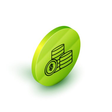 Beyaz arka planda izole dolar sembolü simgesi ile izometrik çizgi Sikke para. Bankacılık para birimi işareti. Nakit sembolü. Yeşil daire düğmesi. Vektör İllüstrasyonu