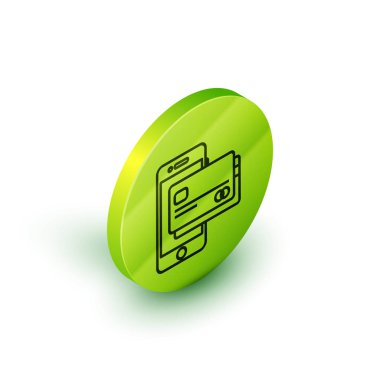 İzometrik hat Beyaz arka planda yalıtılmış cep telefonu ve kredi kartı simgesi. Smartphone online ödeme konsepti. Nfc ödeme. Transfer simgesi. Yeşil daire düğmesi. Vektör İllüstrasyonu