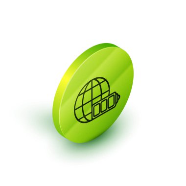 İzometrik hat Beyaz arka planda izole edilmiş dünya küre simgesine sahip pil şarj seviyesi göstergesi. Dünya veya Dünya işareti. Yeşil daire düğmesi. Vektör İllüstrasyonu