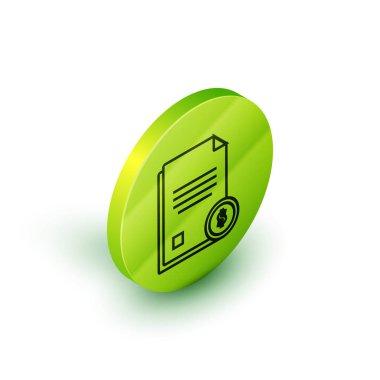 İzometrik çizgi Beyaz arka planda yalıtılmış finans belge simgesi. Fatura veya fatura kavramı için dolar sikke ile Kağıt banka belgesi. Yeşil daire düğmesi. Vektör İllüstrasyonu