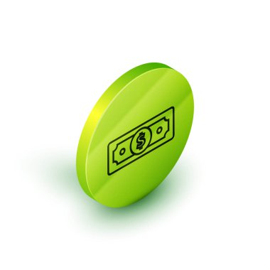 İzometrik çizgi Beyaz arka planda yalıtılmış kağıt para nakit simgesini istifler. Para banknotları yığınları. Fatura para birimi. Yeşil daire düğmesi. Vektör İllüstrasyonu