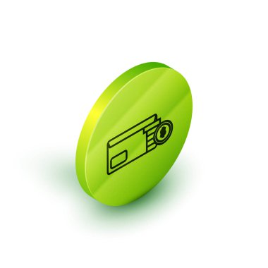 Beyaz arka planda izole sikke dolar sembolü simgesi ile izometrik çizgi Zarf. Maaş artışı, maaş bordrosu, tazminat geliri. Yeşil daire düğmesi. Vektör İllüstrasyonu