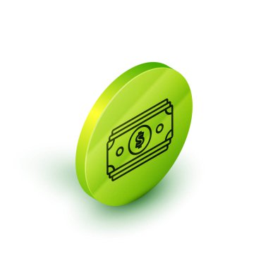 İzometrik çizgi Beyaz arka planda yalıtılmış kağıt para nakit simgesini istifler. Para banknotları yığınları. Fatura para birimi. Yeşil daire düğmesi. Vektör İllüstrasyonu