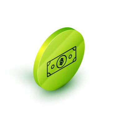 Beyaz arka planda izole edilmiş İzometrik çizgi Cryptocurrency sikke Bitcoin simgesi. Blockchain teknolojisi, bitcoin, dijital para piyasası, kripto para cüzdanı. Yeşil daire düğmesi. Vektör İllüstrasyonu