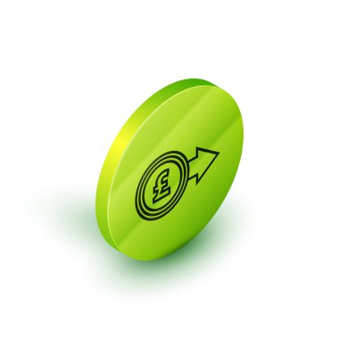 Beyaz arka plan üzerinde izole euro sembolü simgesi ile izometrik çizgi Sikke para. Bankacılık para birimi işareti. Nakit sembolü. Yeşil daire düğmesi. Vektör İllüstrasyonu