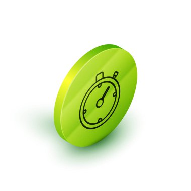 Beyaz arka planda yalıtılmış izometrik çizgi Kronometrik kronometre simgesi. Zaman layıcı işareti. Kronometre işareti. Yeşil daire düğmesi. Vektör İllüstrasyonu