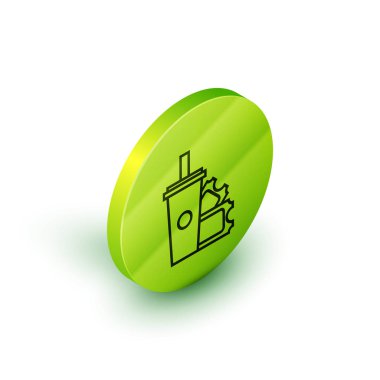 İzometrik hat Amerikan Futbolu bilet ve beyaz arka plan üzerinde izole içme saman simgesi ile kağıt cam soda. Yeşil daire düğmesi. Vektör İllüstrasyonu